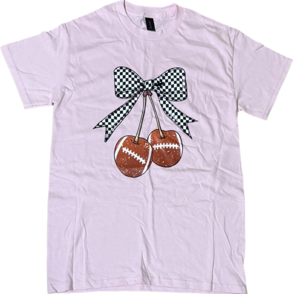 Gildan Tops - Gildan Light Pink Graphic Tee with Checkerboard Bow and Football Cherries